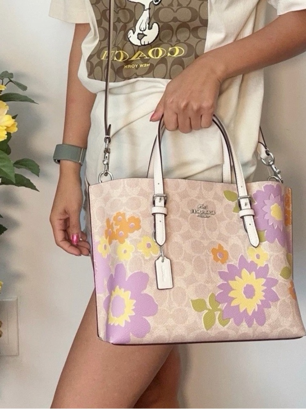 Coach Beige Tote with Purple and Yellow Floral Design - Picture 3 of 14
